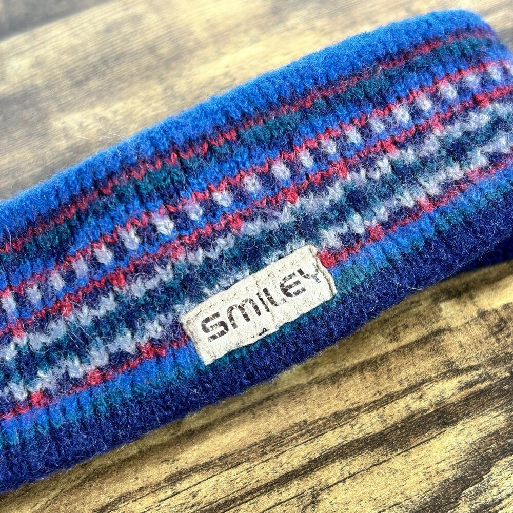 Ski Headband vtg 80s 90s Smiley Ear Warmer Wool shell fleece lined retro colors